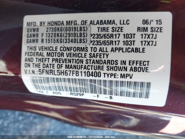 Honda Odyssey Ex-l 2015 5FNRL5H67FB110400 Image 9