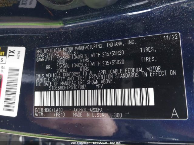 5TDEBRCH4PS107887 Toyota Highlander Hybrid Platinum
