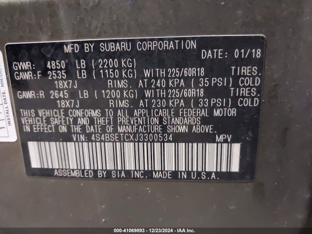 4S4BSETCXJ3300534 Subaru Outback 3.6r Touring