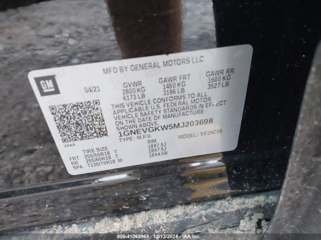 1GNEVGKW5MJ203698 Chevrolet Traverse Awd Lt Cloth