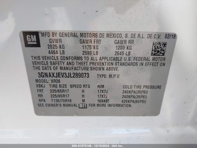3GNAXJEV3JL289073 Chevrolet EQUINOX LT