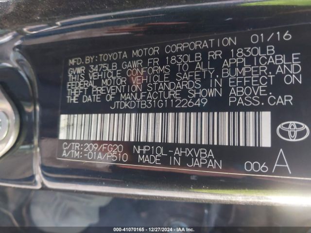 JTDKDTB31G1122649 Toyota Prius C Two