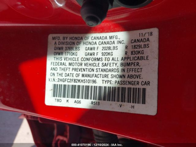 2HGFC2F82KH510196 Honda Civic Sport