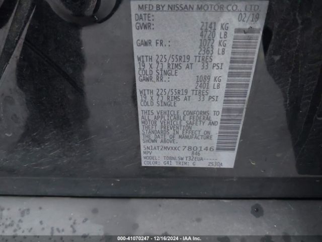 5N1AT2MVXKC780146 Nissan Rogue Sl