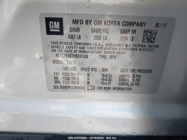 KL7CJNSB1HB241438 Chevrolet TRAX LS