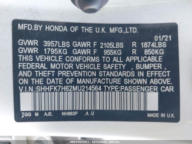 SHHFK7H62MU214564 Honda CIVIC EX
