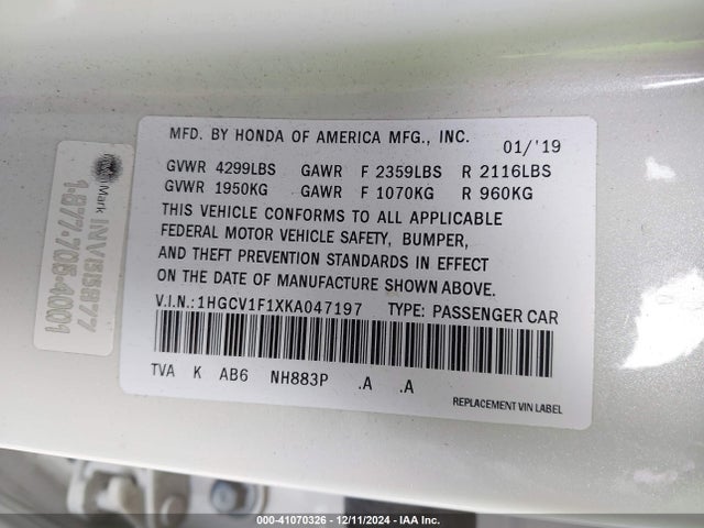 Honda ACCORD LX 2019 1HGCV1F1XKA047197 Image 9