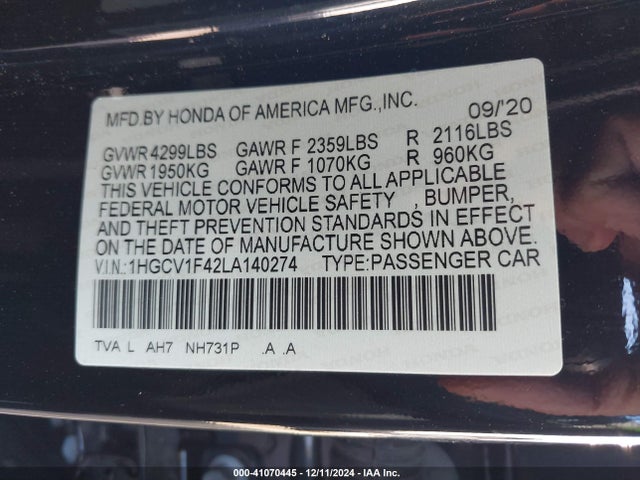 Honda ACCORD EX 2020 1HGCV1F42LA140274 Image 9