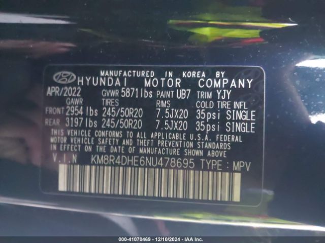KM8R4DHE6NU478695 Hyundai Palisade Sel