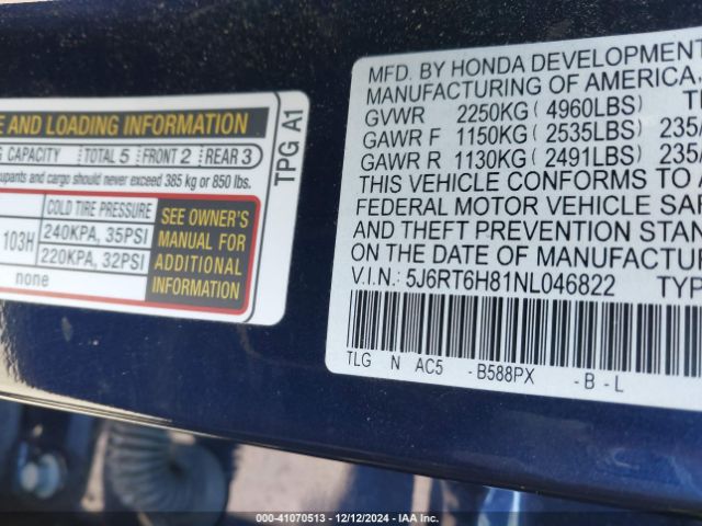 5J6RT6H81NL046822 Honda Cr-v Hybrid Ex-l