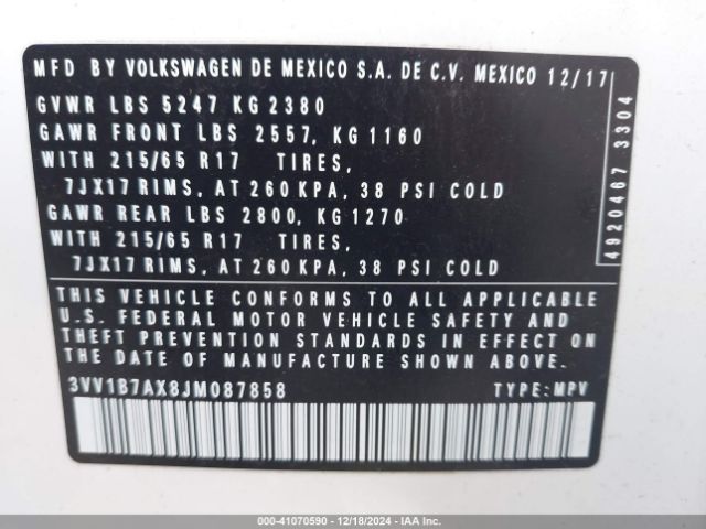 3VV1B7AX8JM087858 Volkswagen Tiguan 2.0t S
