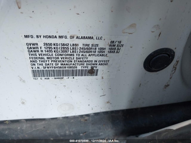 Honda Pilot Ex-l 2016 5FNYF6H56GB108526 Image 9
