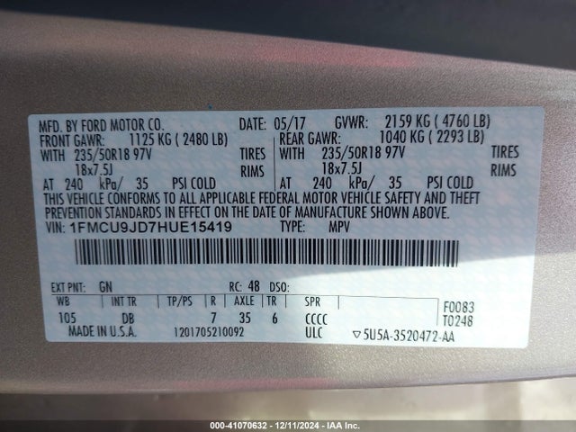 Ford Escape Titanium 2017 1FMCU9JD7HUE15419 Image 9