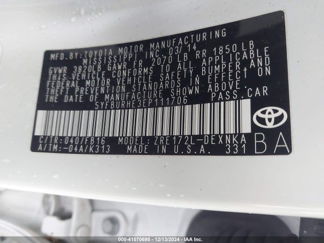 Toyota Corolla Le Plus 2014 5YFBURHE3EP111706 Image 9