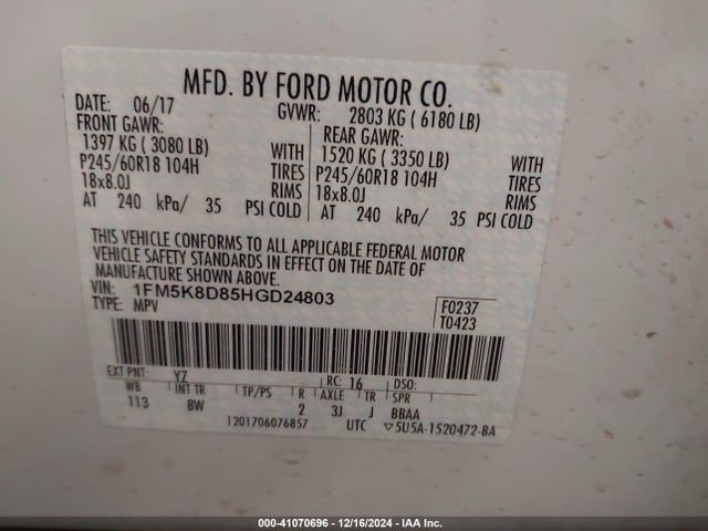 Ford EXPLORER XLT 2017 1FM5K8D85HGD24803 Image 9