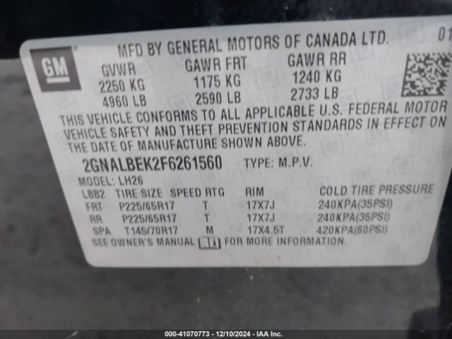 2GNALBEK2F6261560 Chevrolet EQUINOX 1LT