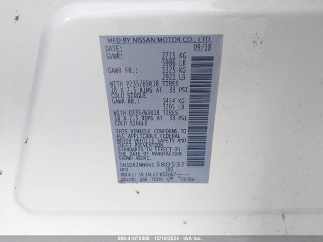 Nissan Pathfinder Sv 2019 5N1DR2MN6KC580537 Image 9
