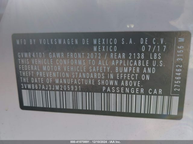 3VWB67AJ3JM205931 Volkswagen Jetta 1.4t Se/1.4t Wolfsburg Edition