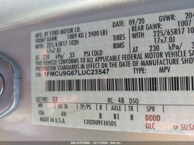 2020 FORD ESCAPE 1FMCU9G67LUC23547 Photo 8