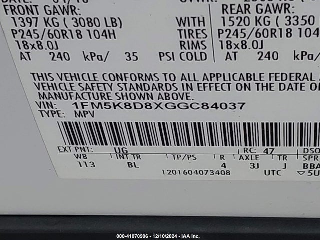 Ford EXPLORER XLT 2016 1FM5K8D8XGGC84037 Image 9