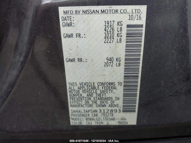 41071048 :رقم المزاد ، 1N4AL3AP5HN312893 vin ، 2017 Nissan Altima 2.5 S مزاد بيع