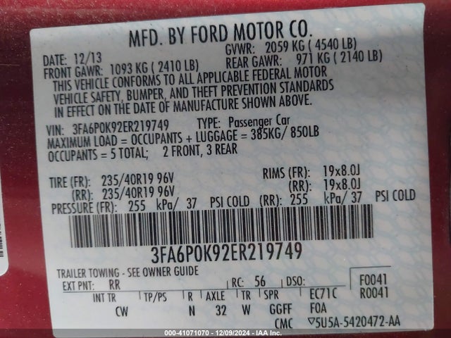 3FA6P0K92ER219749 Ford Fusion