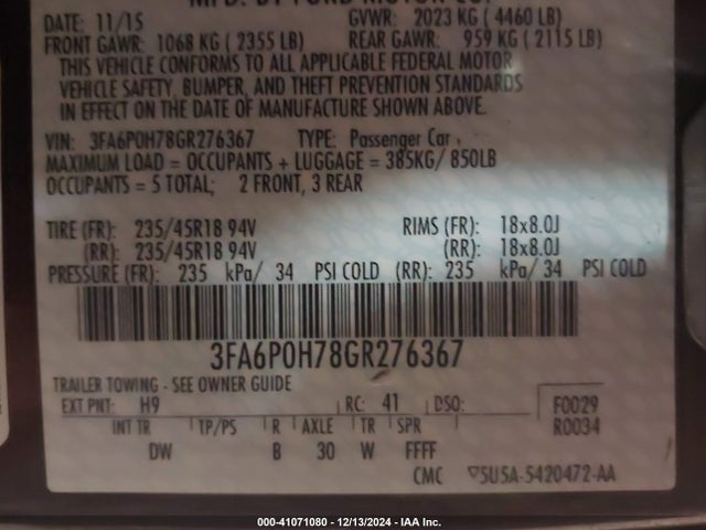 Ford FUSION SE 2016 3FA6P0H78GR276367 Image 9