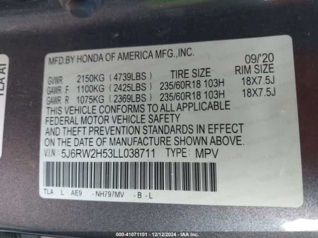 5J6RW2H53LL038711 Honda Cr-v Awd Ex