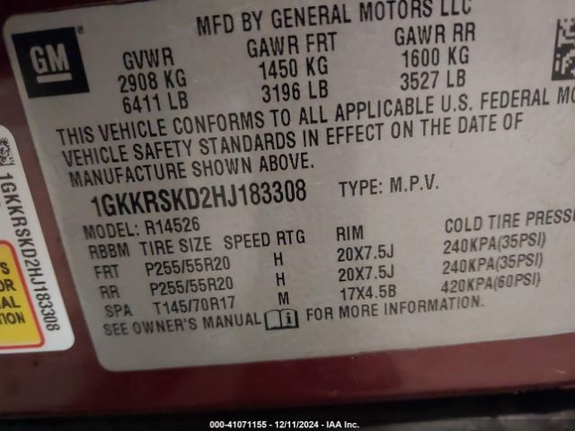 1GKKRSKD2HJ183308 GMC Acadia Limited
