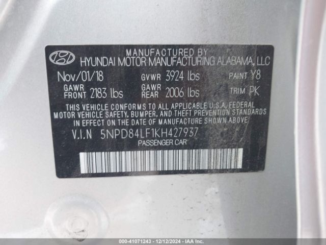 5NPD84LF1KH427937 Hyundai ELANTRA SEL
