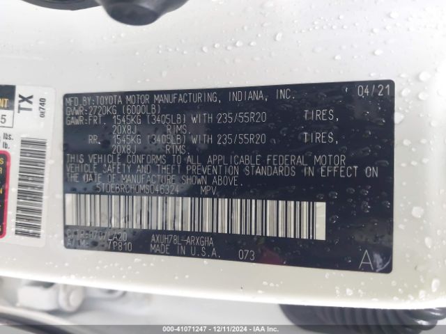 5TDEBRCH0MS046324 Toyota Highlander Hybrid Platinum