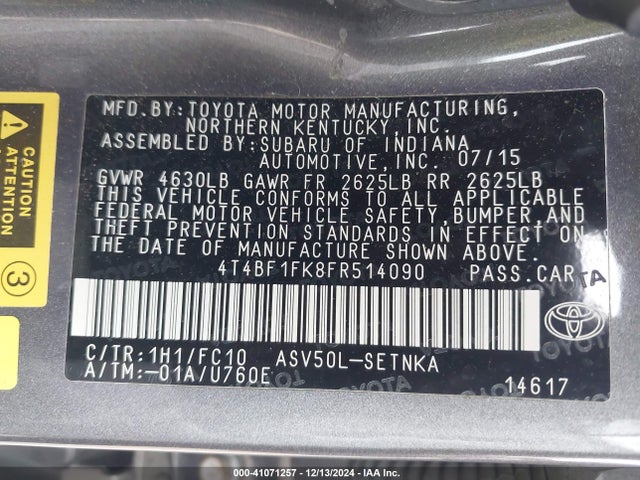 4T4BF1FK8FR514090 Toyota CAMRY LE