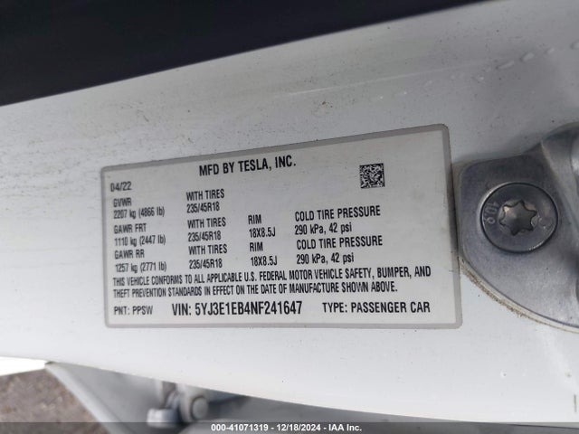 2022 TESLA MODEL 3 5YJ3E1EB4NF241647 Photo 8