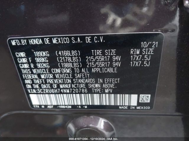 3CZRU6H74NM720786 Honda Hr-v Awd Ex-l