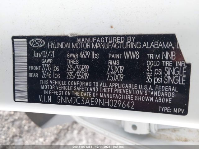 5NMJC3AE9NH029642 Hyundai TUCSON SEL