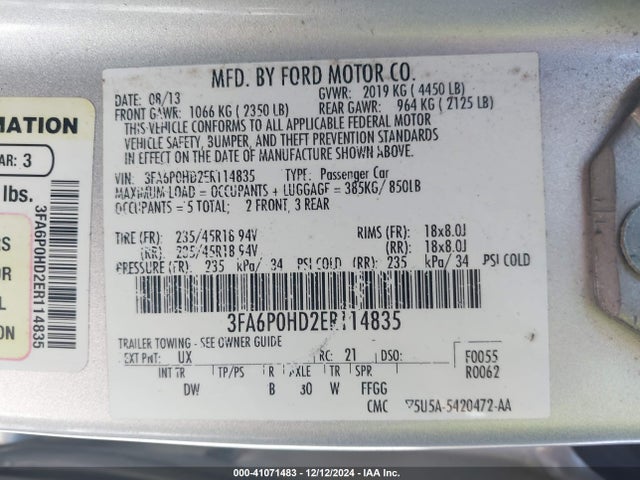Ford FUSION SE 2014 3FA6P0HD2ER114835 Image 9