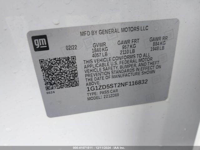 1G1ZD5ST2NF116832 Chevrolet Malibu Fwd Lt