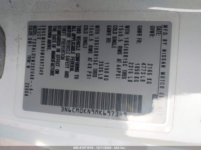 3N6CM0KN9MK697349 Nissan Nv200 Compact Cargo S Xtronic Cvt
