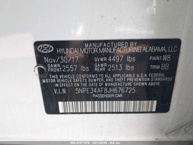 5NPE34AF8JH676725 Hyundai SONATA SEL