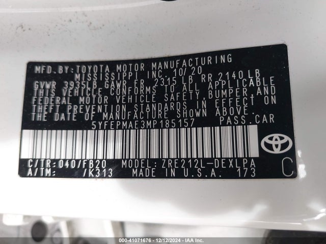 Toyota COROLLA LE 2021 5YFEPMAE3MP185157 Image 9
