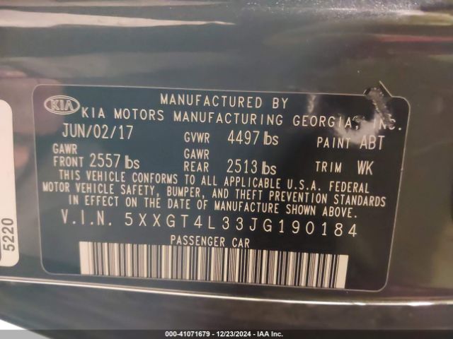 5XXGT4L33JG190184 KIA Optima S