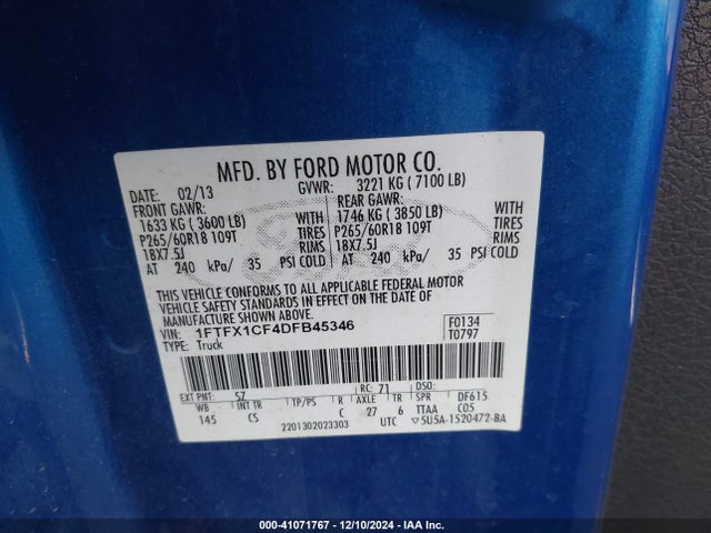 2013 Ford F-150 Stx მანქანა იყიდება აუქციონზე, vin: 1FTFX1CF4DFB45346, აუქციონის ნომერი: 41071767