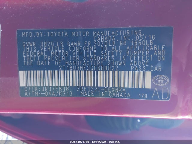 Toyota COROLLA LE 2016 2T1BURHE3GC688822 Image 9