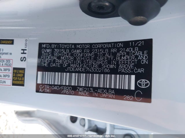 Toyota Corolla Hybrid Le 2022 JTDEAMDE7N3002186 Image 9