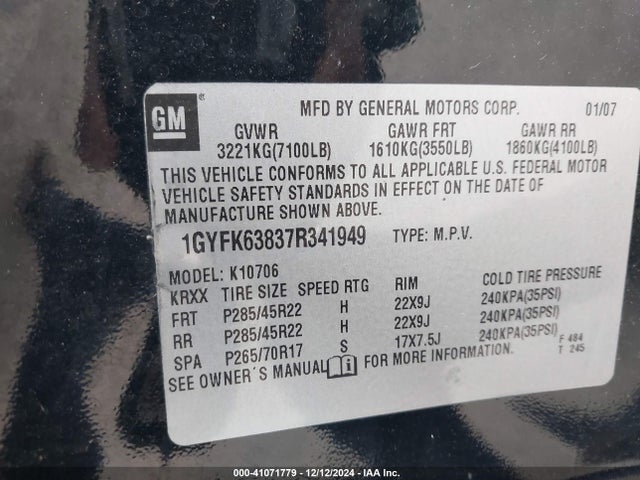 2007 CADILLAC ESCALADE 1GYFK63837R341949 Photo 8