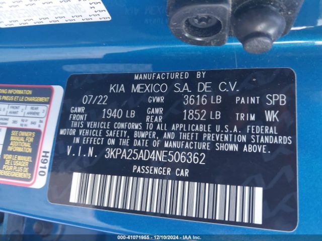 3KPA25AD4NE506362 KIA Rio 5-door S