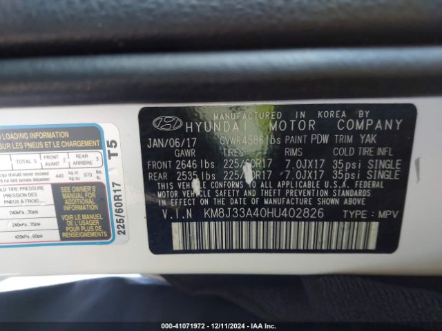 KM8J33A40HU402826 Hyundai TUCSON SE