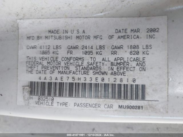 2003 MITSUBISHI ECLIPSE SPYDER 4A3AE75H33E012810 Photo 8