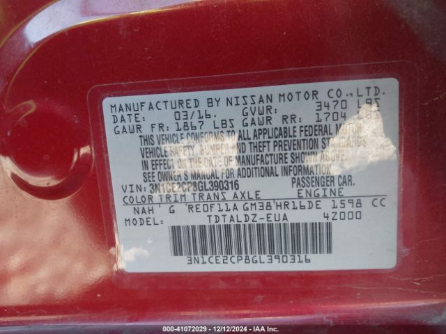 3N1CE2CP8GL390316 Nissan Versa Note S (sr)/s Plus/sl/sr/sv