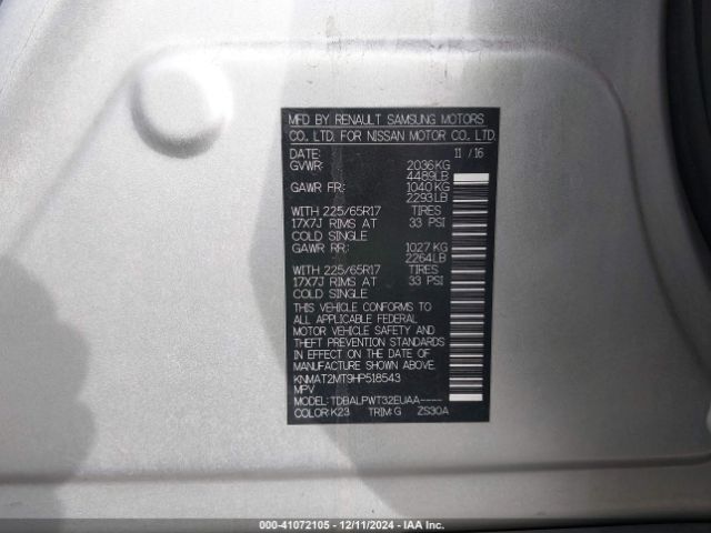 KNMAT2MT9HP518543 Nissan ROGUE S